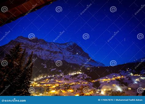 Starry Night In Grindelwald Switzerland Stock Photo Image Of House