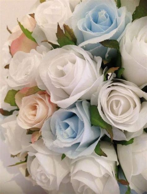 White Light Blue And Pink Roses Posy 33 Buds Wedding Artificial Silk