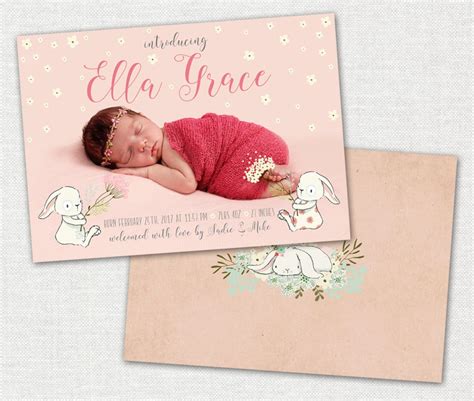 Baby Announcement Card Baby Girl Announcement Card Bunny Etsy Uk