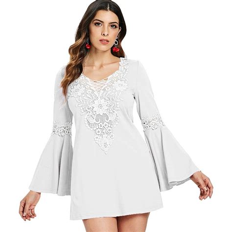 Crochet Front Flare Sleeve Short Dress White 3h80036428 Original