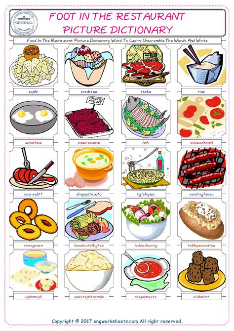 Food In The Restaurant ESL Printable English Vocabulary Worksheets