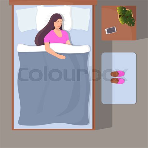 Woman Sleeping In Her Bed Top View Girl Sleeps Peacefully Vector