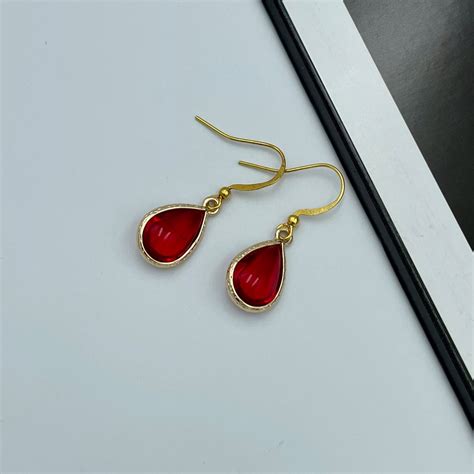 Scarlet Red Earrings Gold Drop Earrings Bright Red Drop Etsy