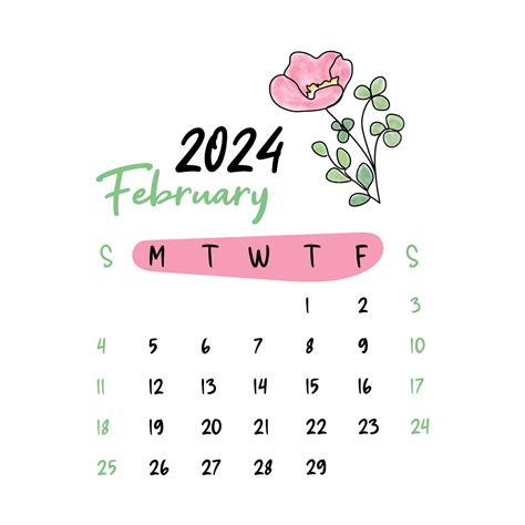 2024년 1월 꽃 월간 달력 디자인 벡터 달력 2024 2월 꽃 달력 2024년 2월 Png 일러스트 및 벡터 에 대한