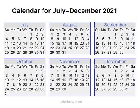 6 Months 2021 Half Year Printable Calendar
