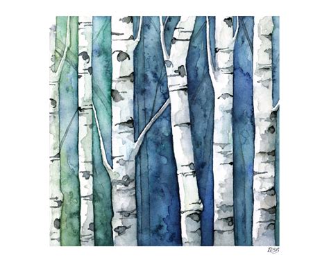 Watercolor Birch Trees Painting Print Titled Blue Etsy Birch Trees
