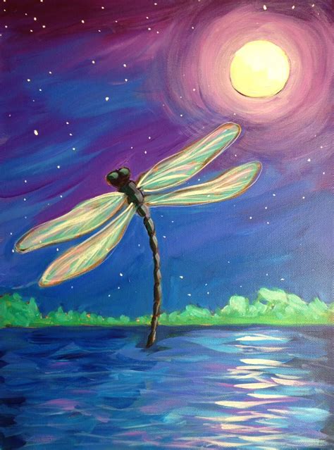 Dragonfly Painting With Moon And Pretty Reflections On The Water