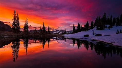 beautiful river between green trees and snow covered land under orange pink clouds sky