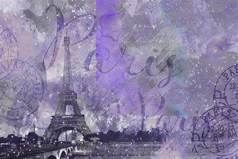 Purple Paris Watercolor Art Tapet Fototapet Paris Happywall
