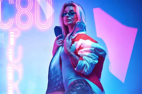 Cyborg Woman Wearing Modern Clothes In Futuristic Nightclub Cyberpunk