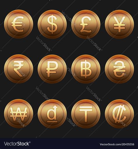 Currency Coins Symbols Icons Metallic Bronze Set Vector Image