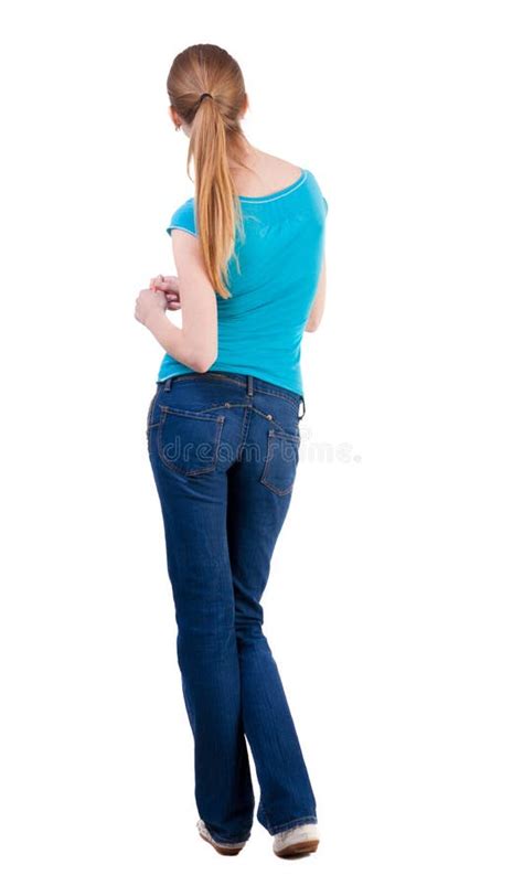 Back View Of Standing Young Beautiful Blonde Woman Stock Photo Image