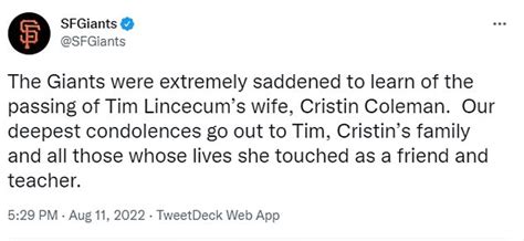 San Francisco Giants Announce Shock Passing Of Former All Star Pitcher Tim Lincecums Wife