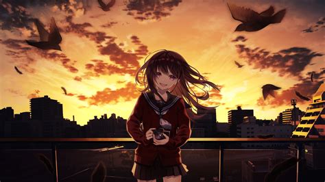 1920x1080 Smiling Anime Girl Taking Photographs Cityscape 4k Laptop Full Hd 1080p Hd 4k