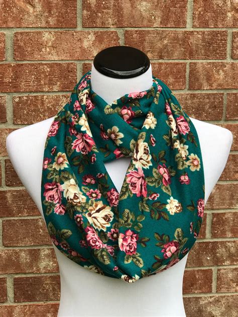 Teal Turquoise Floral Scarf Pink Roses Scarf Infinity Scarf Feminine