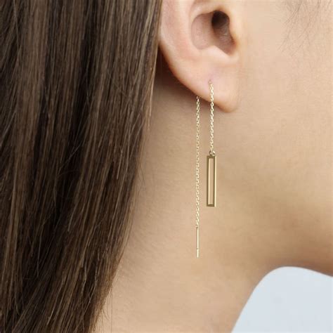 K Solid Gold Rectangle Long Threader Earring Drop Earring Etsy