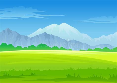 Green Meadow And Gray Mountains Vector Illustration On White