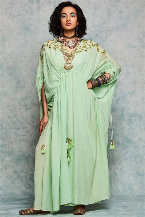 Buy Green Viscose Cotton V Neck Embroidered Kaftan For Women By Nadima Saqib Online At Aza Fashions