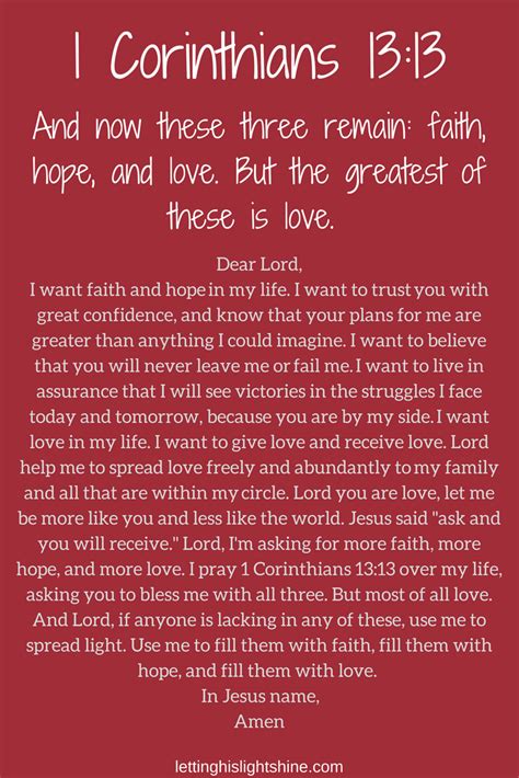 This chapter covers the subject of love. 1 Corinthians 13:13 - Letting His Light Shine