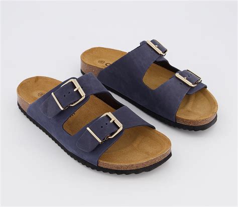 Office Strike Double Buckle Footbed Sandals Navy Nubuck Womens Sandals