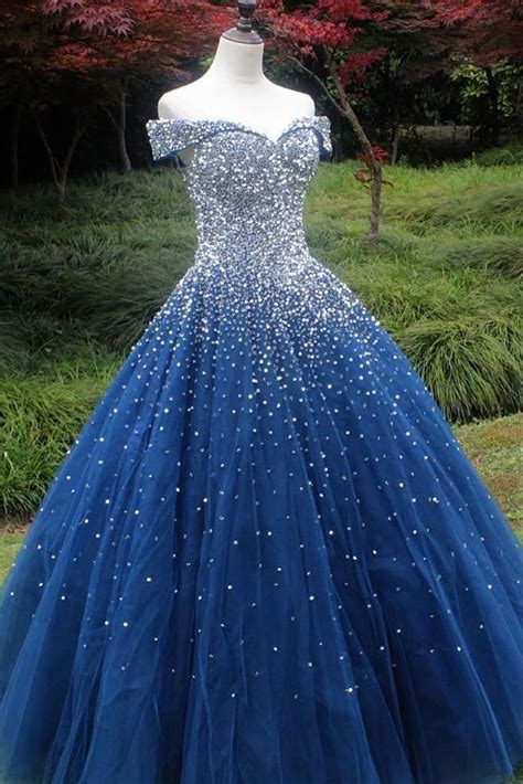 Sparkle Off The Shoulder Blue Ball Gown Prom Dresses Puffy Tulle Quinceanera Dresses Eth13797