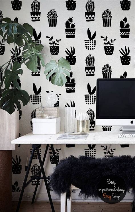 Geometric Cacti Pattern Simple Black And White Wallpaper Self