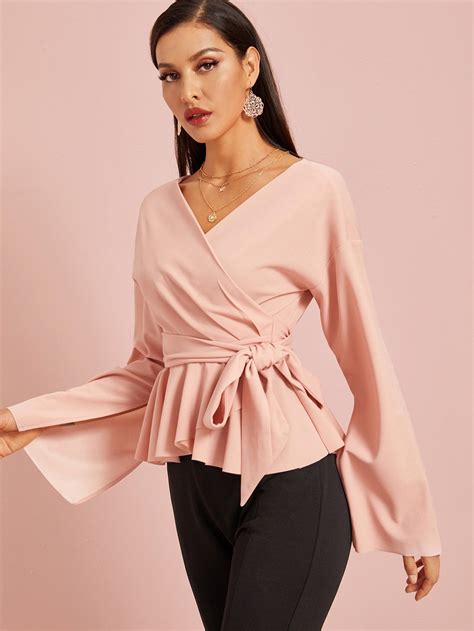 Bell Sleeve Self Belted Wrap Peplum Top Check Out This Bell Sleeve Self