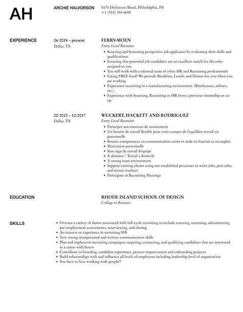 Entry Level Recruiter Resume Samples Velvet Jobs