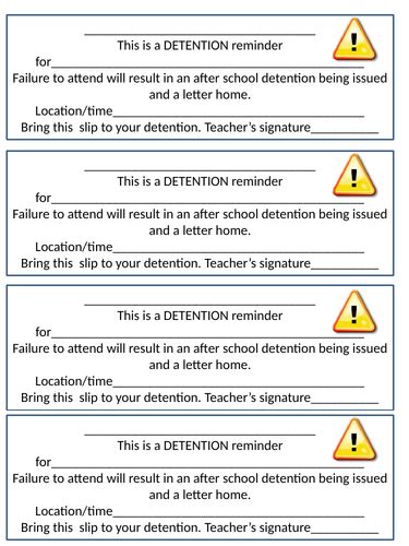 detention reminder slips teaching resources