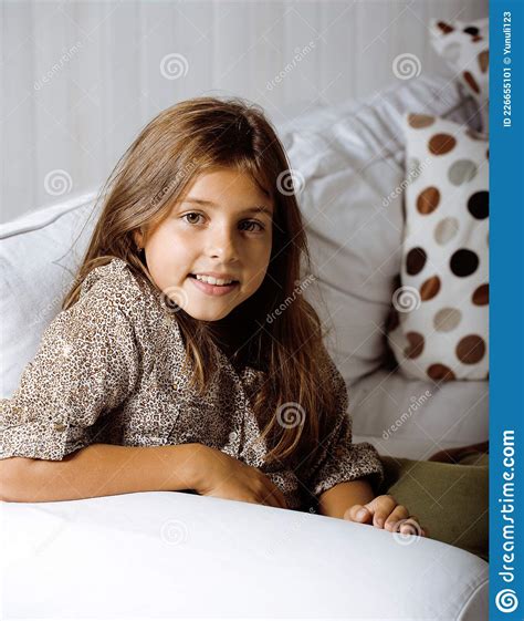 Little Cute Brunette Girl At Home Interior Happy Smiling Close Up Lifestyle Real People Concept