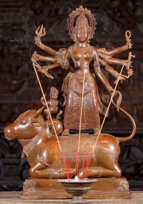 Brass Statue Of Hindu Goddess Durga With 8 Arms Standing On Buffalo