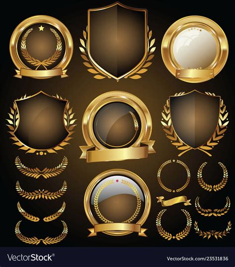 Medieval Golden Shields Laurel Wreaths And Badges Vector Image