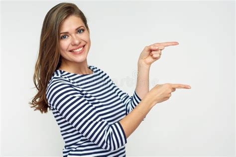 Smiling Woman Pointing Finger Side Stock Image Image Of Lady Posing