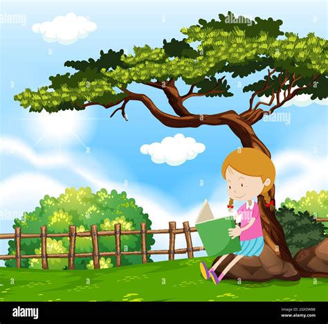 A Girl Reading A Book Under Tree Stock Vector Image And Art Alamy