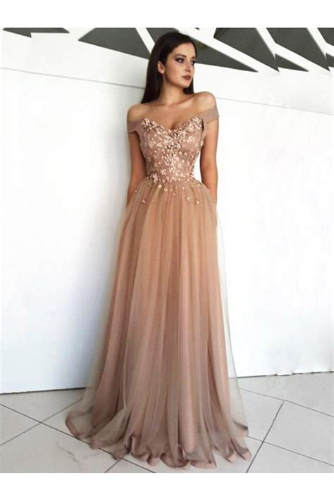 Elegant Off The Shoulder Beaded Lace Tulle Long Prom Dresses Formal Evening Dresses 601126