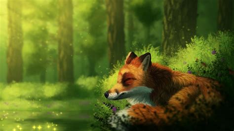 Download Wallpaper 1600x900 Fox Sleep Art Wildlife Animal