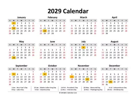 2029 Calendar With Us Holidays Editable In Excel Word Pdf