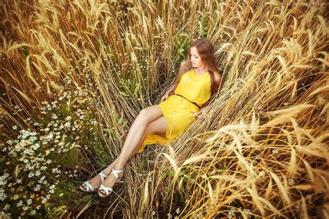 Wallpaper Sunlight Women Model Field Summer Dress Straw Yellow Dress Autumn Flower