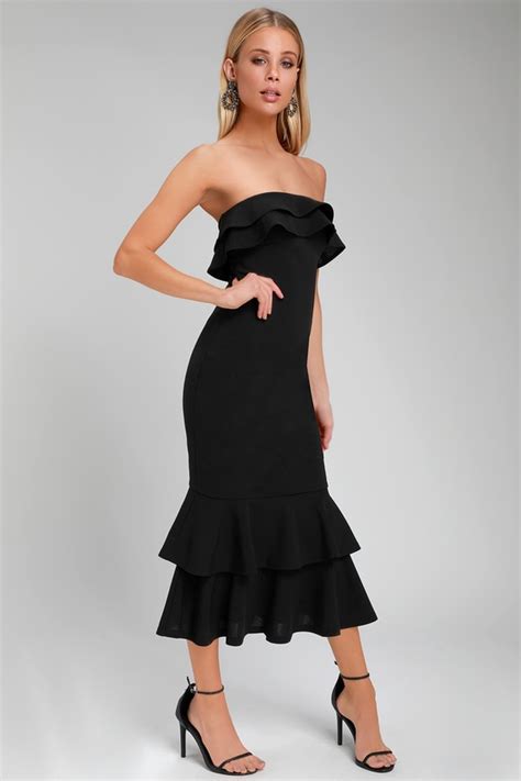 Glam Black Midi Dress Strapless Midi Dress Ruffled Midi Dress Lulus