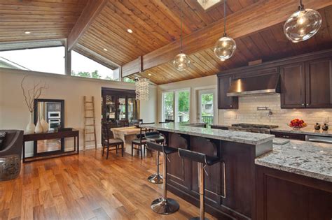 Ceiling tiles & wall panels. Open Concept Kitchen With Vaulted Wood Ceiling ...