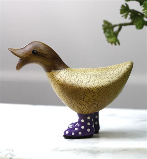 Wooden Duck With Purple Welly Boots Small Polka Dot Rain