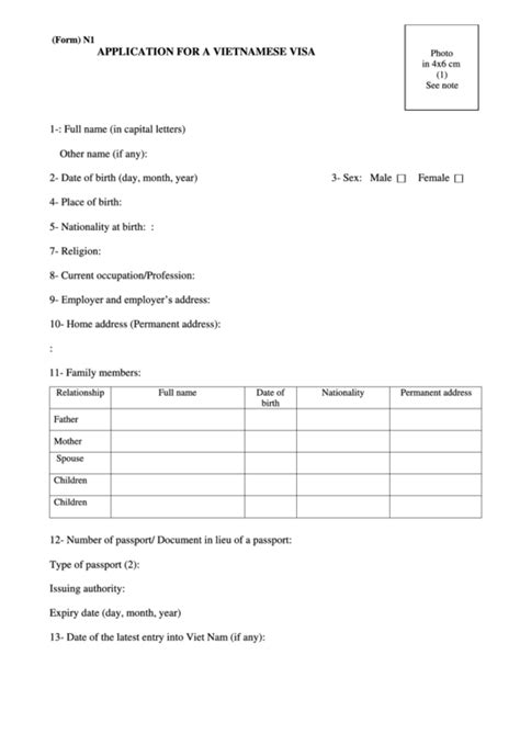 Form N1 Application For A Vietnamese Visa Printable Pdf Download