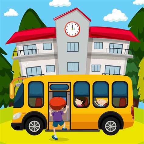 School Bus In Front Of School 292956 Vector Art At Vecteezy