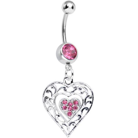 Pink Gem Layered Love Dual Heart Dangle Belly Ring Belly Piercing Jewelry Belly Jewelry Pink
