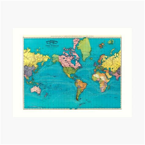 Vintage Map Of The World On Mercator S Projection Art Print For Sale By Vintageheritage