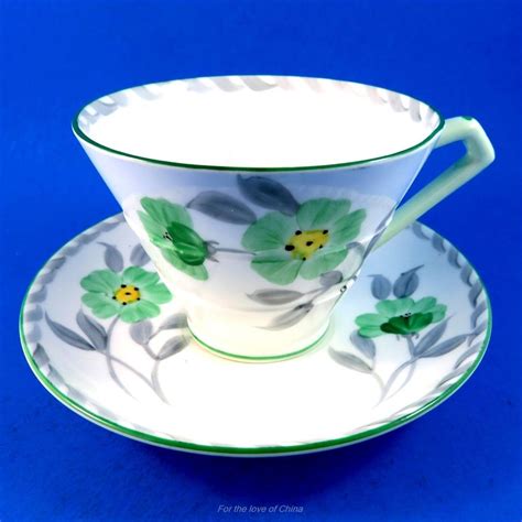 Art Deco Green Handpainted Floral Royal Paragon Tea Cup And Saucer Set
