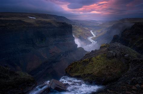 Waterfall Summer Iceland River Clouds Cliff Panoramas Water Hill Nature