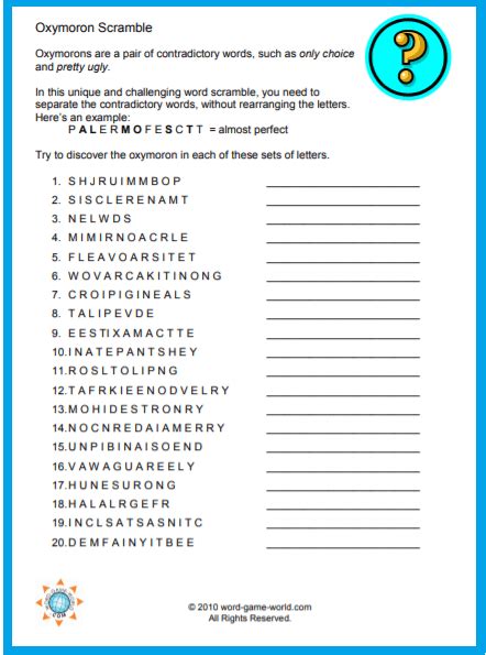 The word scramble activities below highlight various bible events and situations. Word Scramble Puzzles : Oxymoron Scrambles | Word search ...