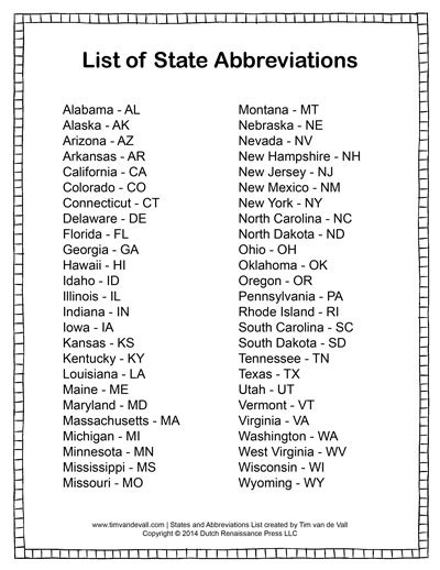 Printable List Of The States In Alphabetical Order