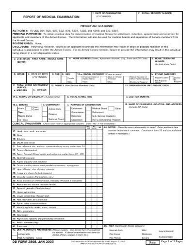 Dd Form 2808 Report Of Medical Examination January 2003
